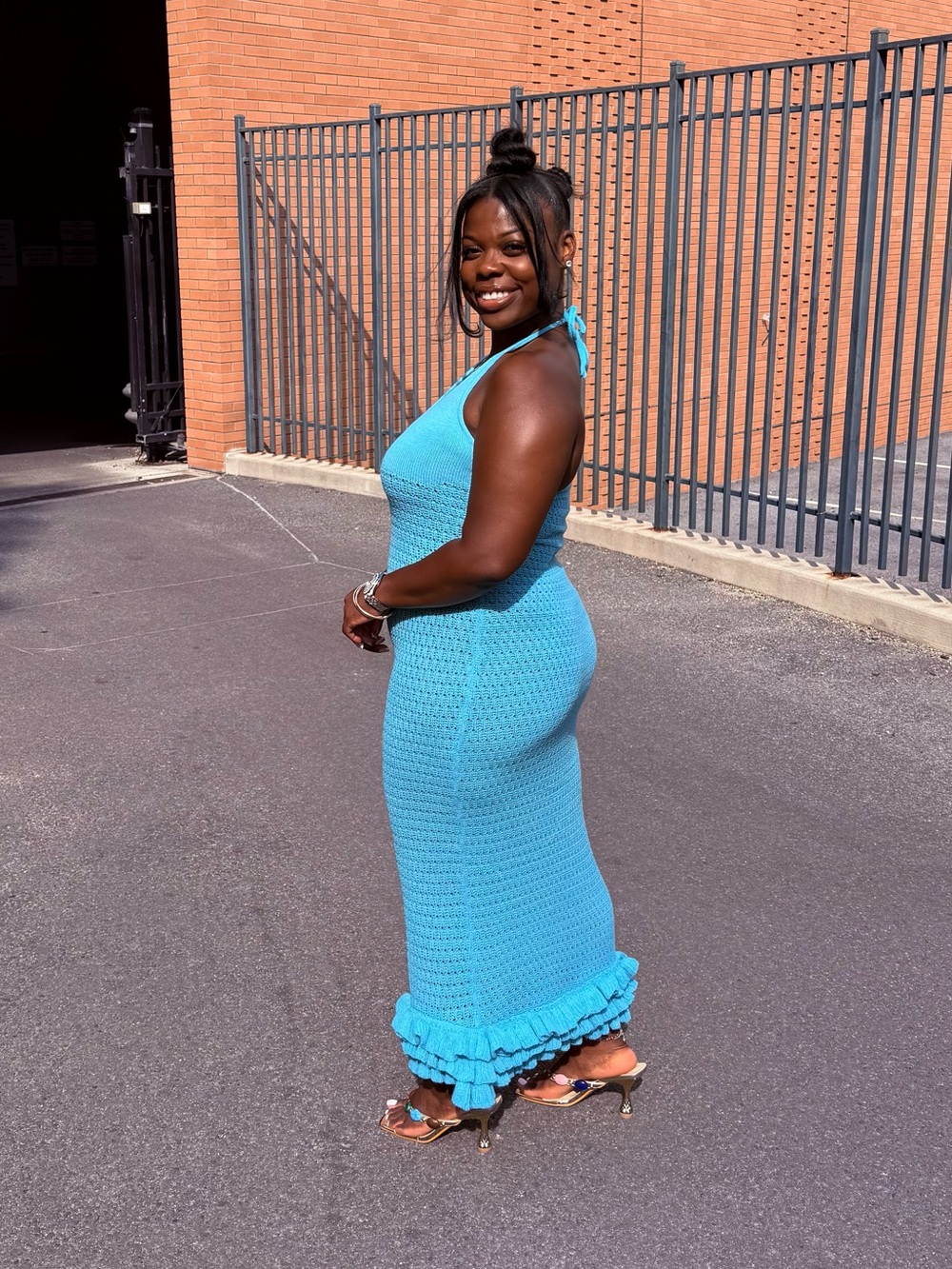 Crotchet Halter Maxi Ruffle Dress - Blue